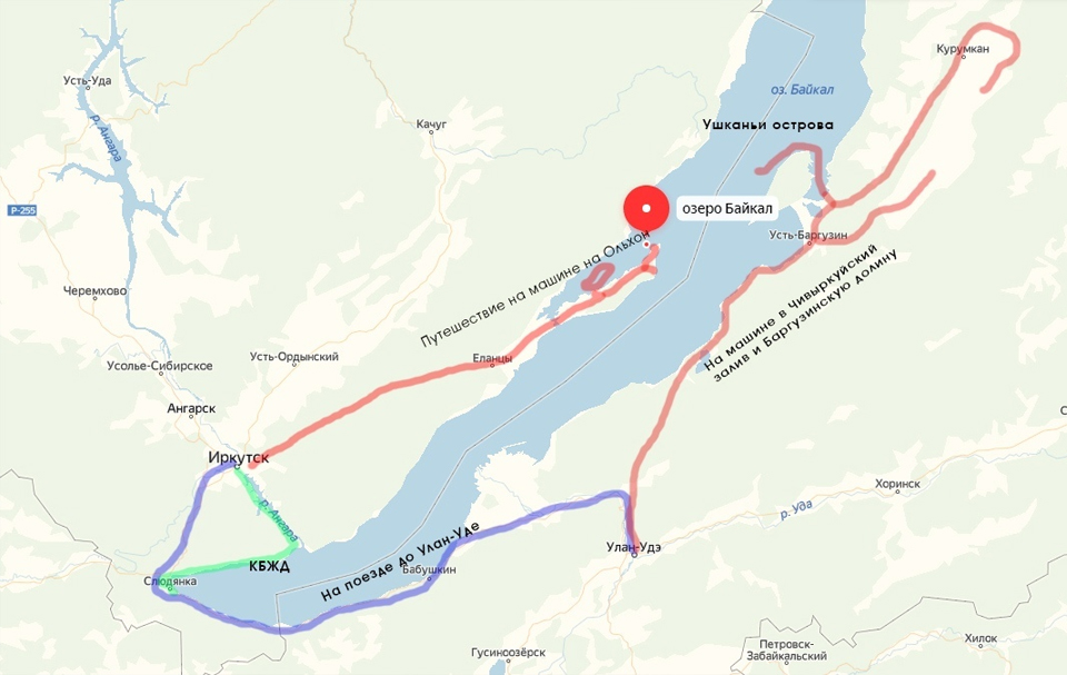 Карта маршрута Кругобайкальской экспедиции 2019